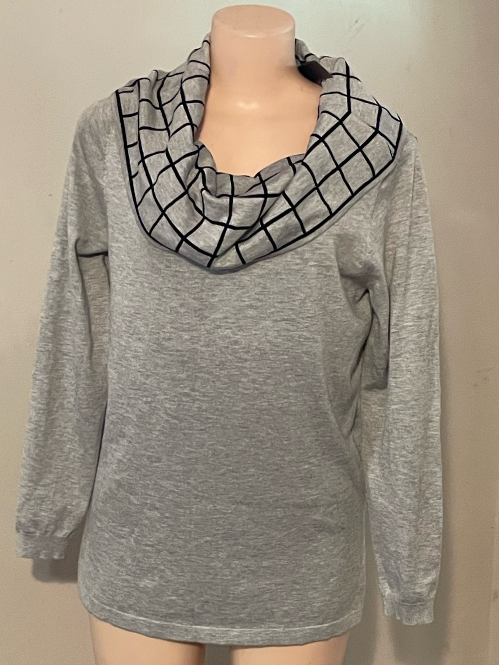 New Sienna & Sage Gray Cowl Neck Women's Sweater windowpane Trim L
